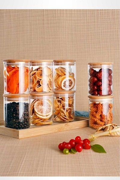 MadaMelya 8-Piece Bamboo Lid Round Thermal Spice Jar 6x8cm 8 Pieces Vacuumed Lid