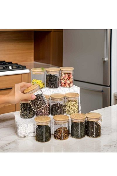 MadaMelya 12 Pieces Round Thermal Spice Jar with Bamboo Lid 6x8cm 12 Pieces Vacuumed Lid