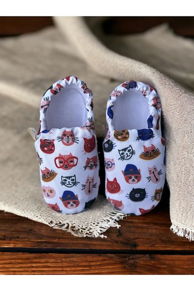 Kokopatik ,Non-Slip Sole,Organic Cotton Home Nursery Booties,Cat Head Patterned Booties