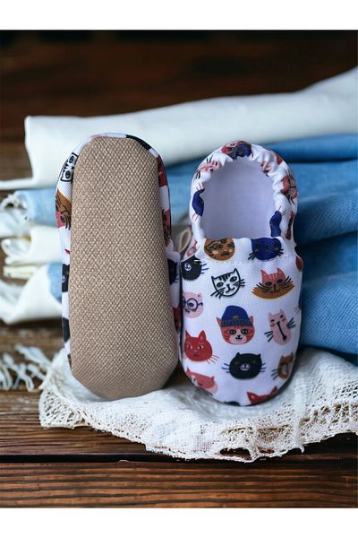 Kokopatik ,Non-Slip Sole,Organic Cotton Home Nursery Booties,Cat Head Patterned Booties