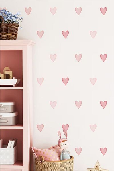 Piksel Grafik Pink Watercolor Hearts| Children's Room Decals Wall Sticker