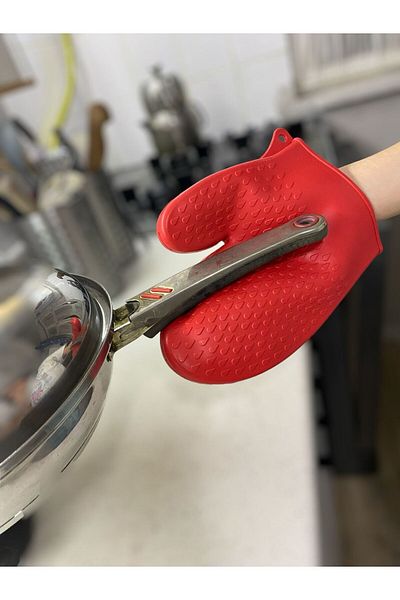 HOLLYHOME 2 Pieces Silicone Gloves, Fireproof Oven, Pot Holder, Drop Pattern, Red