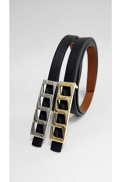 Kemerix Women's Gold and Silver Buckle Thin 2-Piece Belt Set