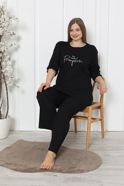 FAMES PİJAMA Pumpkin Patterned Black Plus Size Women's Pajamas Set