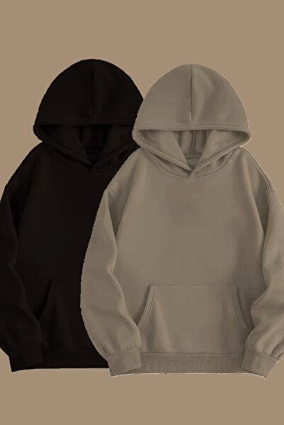 blackjack giyim Unisex Gri Siyah 2'li Kapüşonlu Oversize Sweatshirt Hoodie