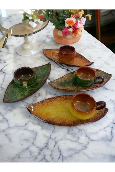 Artistic Quality Decorative Walnut Leaf Figured Tea Coffee Cup Set in Green, Yellow and Coffee Colors for 4 People