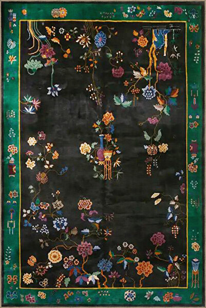 Rugs Modern Halı Siyah Yeşil Temalı Geleneksel Çin Tasarım Floral Çiçek Desen...