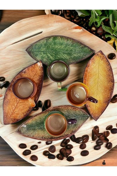 Artistic Quality Decorative Walnut Leaf Figured Tea Coffee Cup Set in Green, Yellow and Coffee Colors for 4 People