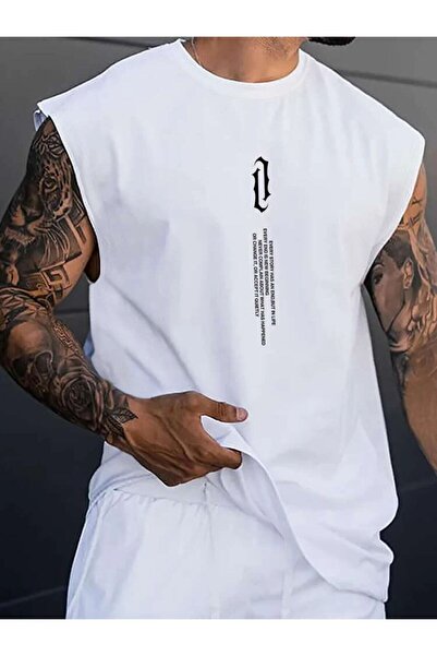 bellanova Men's White Vertical Printed Oversize Sleeveless T-shirt - Buybux