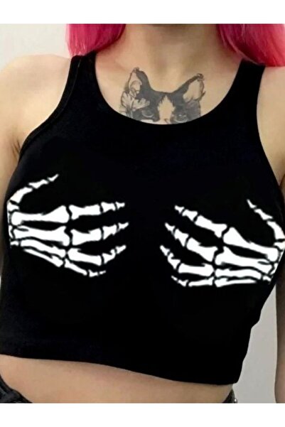 oldskoolbutik Tricou Crop cu mână scheletică pentru femei, stil Harajuku