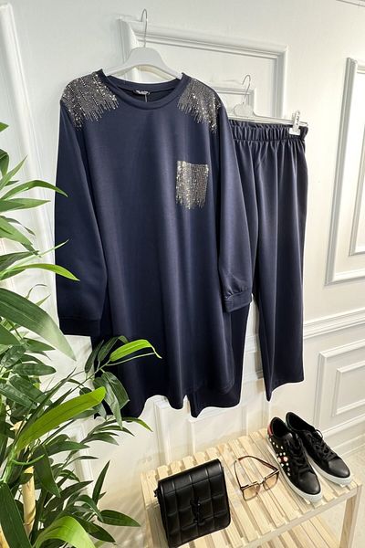 Aşkı Endam Esved Stone Detailed Combed Cotton Double Set - Navy Blue