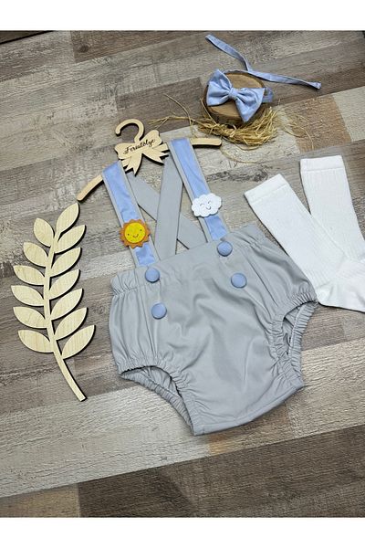 Feriatolye Sun and cloud concept baby boy gray blue salopet bow tie socks set