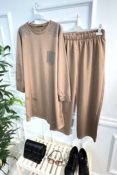 Aşkı Endam Large Size Esved Stone Detailed Combed Cotton Double Set - Mink