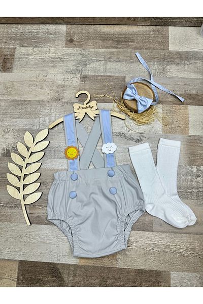 Feriatolye Sun and cloud concept baby boy gray blue salopet bow tie socks set
