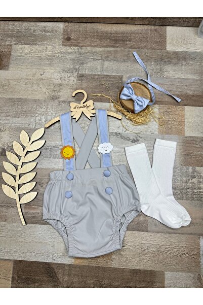 Feriatolye Sun and cloud concept baby boy gray blue salopet bow tie socks set