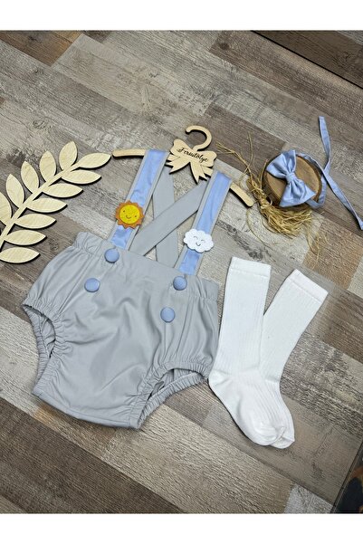Feriatolye Sun and cloud concept baby boy gray blue salopet bow tie socks set