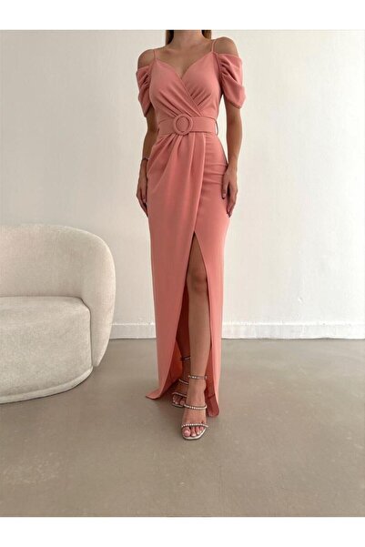 rengamoda Rochie de seară din crepon importată cu detaliu pe umeri, curea și ...