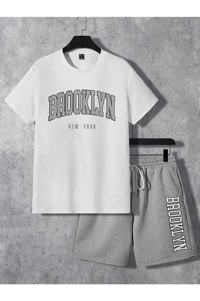 Hunors Sportswear & Company Brooklyn New York White T-Shirt Grey Shorts - T-Shirt with Shorts Top and Bottom Set Printed Crew Neck