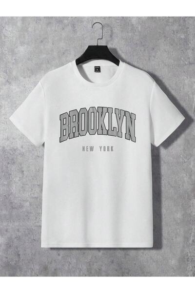 Hunors Sportswear & Company Brooklyn New York Beyaz T-Shirt Gri Şort - Şortlu Tişört Alt Üst Takım Baskılı Bisiklet Yaka