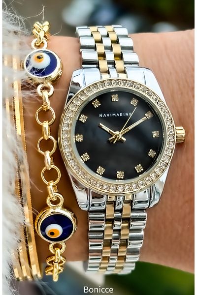 Navimarine Brand Small Case, Steel Strap, Gold Elegant Calendar Women's Wristwatch + bracelet