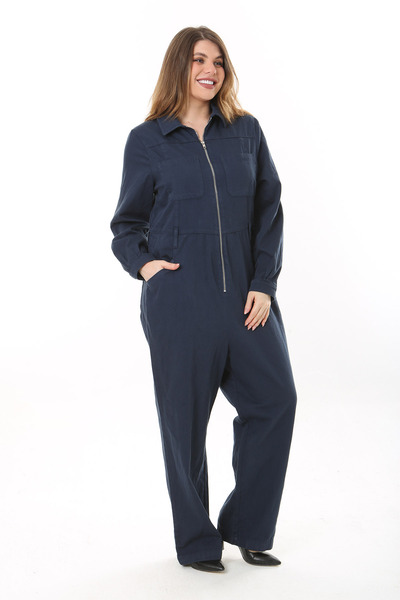 Şans Women's Large Size Navy Blue Front Zipper 4 Pockets Back Waist Belt Elastic Jeans Jumpsuit 65N37573