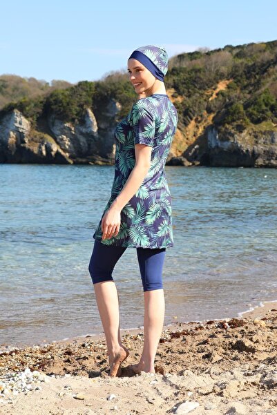 SEBOTEKS Τροπικό σχέδιο με κοντό μανίκι ημίκλειστο χιτζάμπ μαγιό 2267