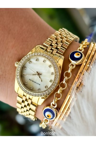 Navimarine Brand Small Case, Steel Strap, Gold Elegant Calendar Women's Wristwatch + bracelet