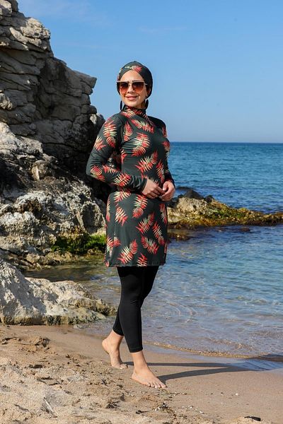 SEBOTEKS Costum de baie Hijab închis cu model de frunze și dresuri 2264