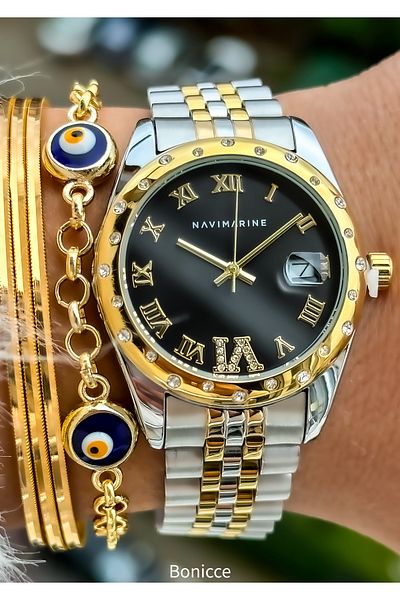 Navimarine Brand Steel Mesh Band Yellow Color Women's Wristwatch + Bracelet