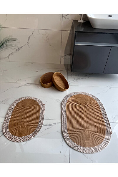 Namteks 40x60-50x80 2 Mats - 2 Baskets Jute White Melted Gold Gift Dowry Bath Set