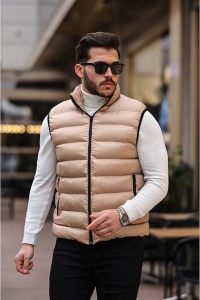 ENDEİS COLLECTİON Αμάνικο γιλέκο New Season Μπεζ φουσκωτό με γεμιστό γιακά με τσέπες με φερμουάρ
