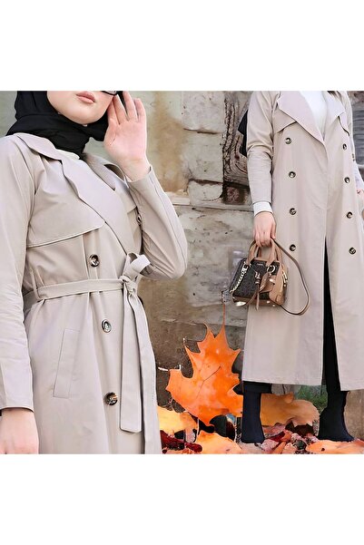 Modaytesettür Gabardin Trençkot Yarım Astar Uzun Boy Kuşaklı Düğmeli
