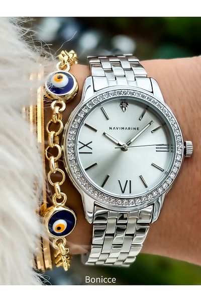 Navimarine Brand Waterproof Silver Color Women's Wristwatch + bracelet