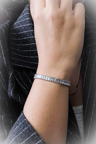 roshel Non-Tarnish Baguette Zircon Stone Steel Bracelet Waterway Bracelet