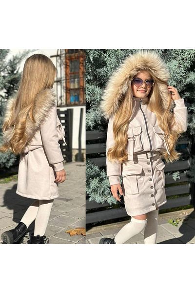 Calisa طقم معطف وسترة وتنورة بغطاء للرأس من الفرو الصناعي للفتيات في فصل الشتاء