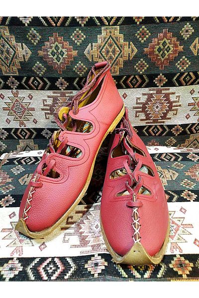 Osmanlı Yemeni Dünyası Yemeni (Sandal), Lace-Up Women's Model, Leather Yemeni, Red Color