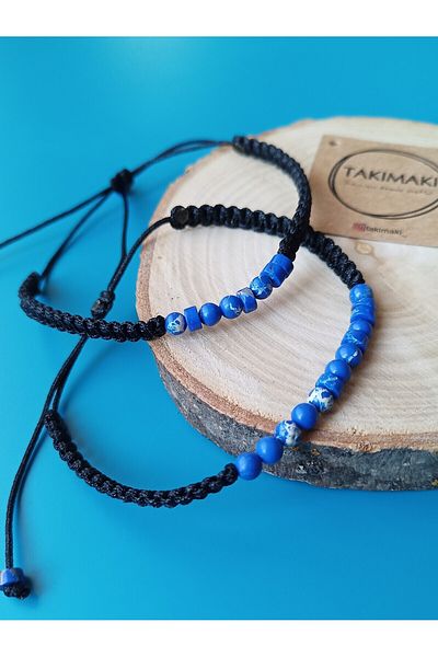 TAKIMAKI Morse Alphabet Bracelet Natural Stone Blue Varacite Macrame Rope Braided Unisex Jewelry Combination Set