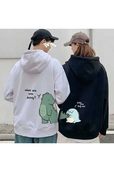 PERISENSE Unisex Γυναικείες Άντρες Lover Couple Συνδυασμός Lovely Dinosaur Printed Hooded Φούτερ Σετ 2 τεμαχίων