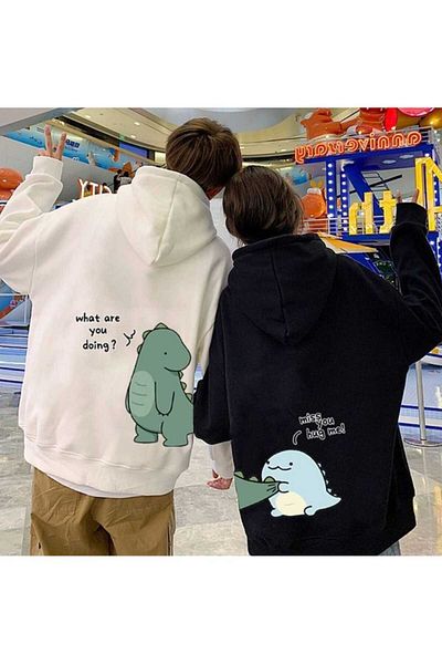 PERISENSE Unisex Γυναικείες Άντρες Lover Couple Συνδυασμός Lovely Dinosaur Printed Hooded Φούτερ Σετ 2 τεμαχίων
