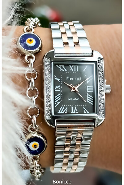 Ferrucci ساعة يد نسائية بحزام فولاذي لون وردي، مقاومة للماء، مضمونة، علبة مستطيلة من الحجر + سوار