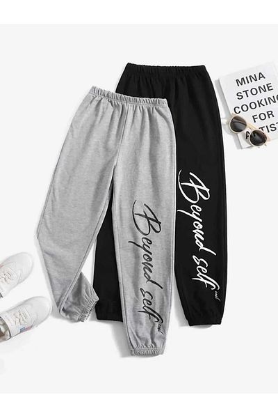 AEMİ Διπλό Jogger Sweatpants-Μαύρο και γκρι λαστιχένιο πόδι ψηλόμεσο ΧΕΙΜΕΡΙΝΟ Φούτερ