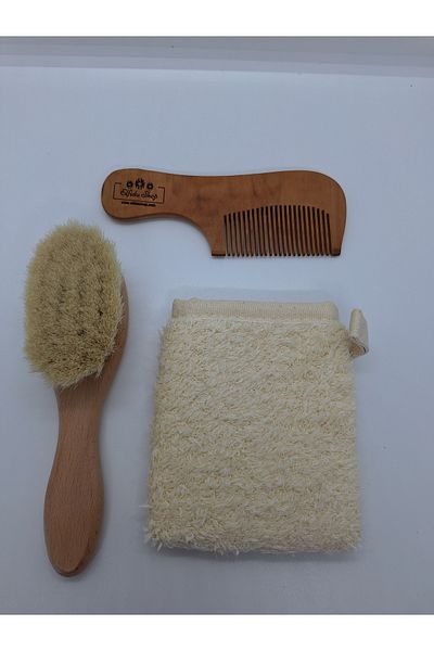 Organic Organic Goat Hair Baby Brush 100% Cotton Fiber Wooden Comb Baby Care Set 3