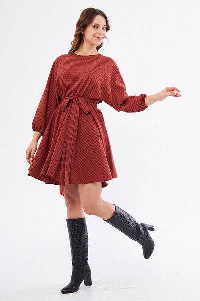 Bidoluelbise Brick Plaid Disassembled 2 Different Black Collar Gift Elastic Waist Mini Flared Dress