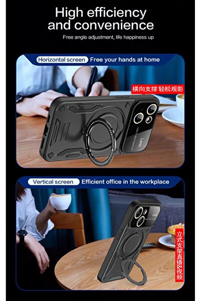 m.tk moveteck İphone 15 Kılıf Magsafe Dönebilen Halkalı Standlı Kamera Lens Korumalı Gold Detaylı Military