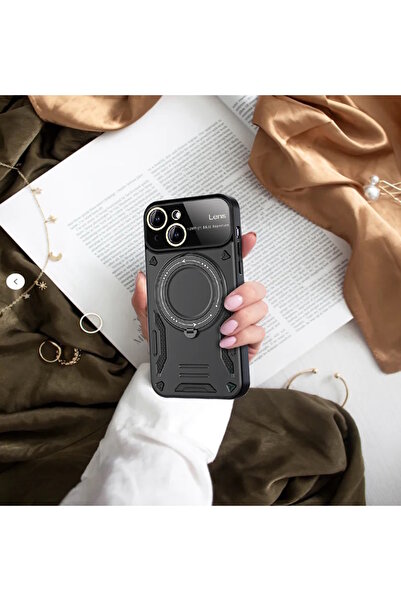 m.tk moveteck İphone 15 Kılıf Magsafe Dönebilen Halkalı Standlı Kamera Lens Korumalı Gold Detaylı Military