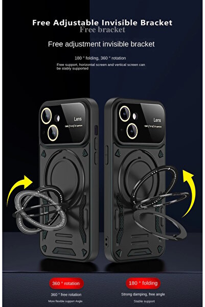 m.tk moveteck İphone 15 Kılıf Magsafe Dönebilen Halkalı Standlı Kamera Lens Korumalı Gold Detaylı Military