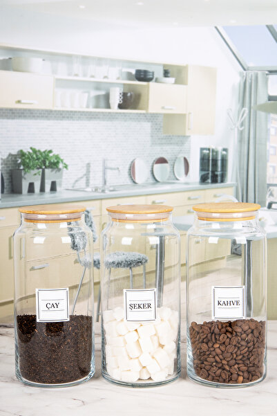 Lizzy 3’lü Ahşap Vakumlu Bambu Kapaklı Cam Çay Şeker Kahve Un Tuz Kavanozu 1440 Ml