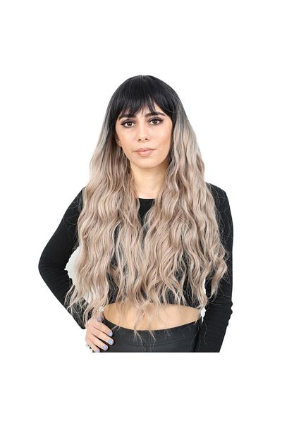 KONAK PERUK Fiber Synthetic Wig - Long Water Wave with Perch, Black/Ash, Yellow Ombreli Baby Wig