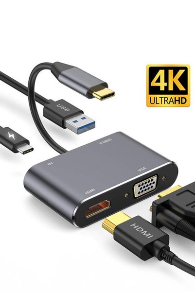 ThenTech USB C'den 4K HDMI VGA Adaptörü USB 3.0 Şarj Güç Portu ile All-in-One Hub Görüntü Aktarma Adaptörü