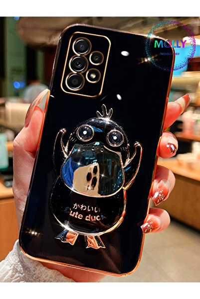 Molly Samsung Galaxy A53 İçin Siyah Sevimli Ördek Standlı Kenarları Gold Deta...
